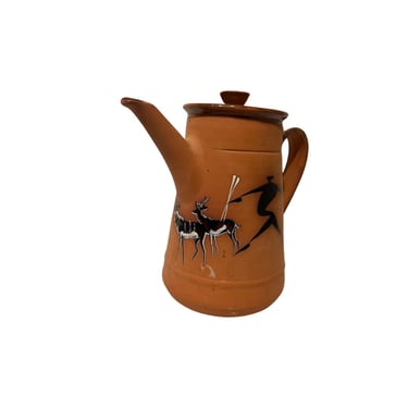 Vintage mid century modern African tribe hunting ceramic terra cotta teapot vintage gazelle 