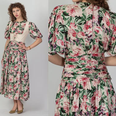 80s Maggy London Floral Silk Dress - Medium | Vintage Boho Puff Sleeve Ruched Waist Maxi 