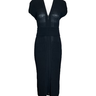 CHANEL Black Pleated Bodycon Full Length Dress + Belt