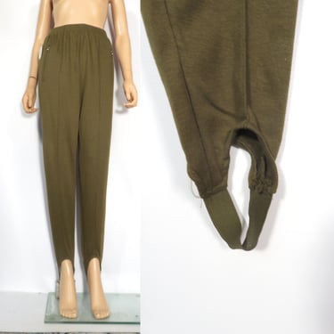 Vintage 80s/90s Olive Green Comfy Elastic Waist Zip Up Pockets Stirrup Pants Leggings Size S 