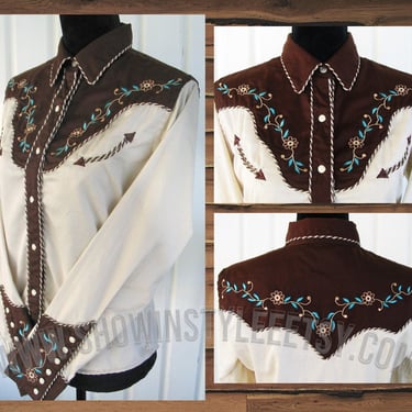 Panhandle Slim Vintage Retro Women's Western Shirt, Cowgirl Blouse, Beige & Brown, Embroidered Flowers, Tag Size Large (see meas. photo) 