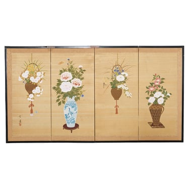 Japanese Showa Four Panel Screen Flower Vases on Silk