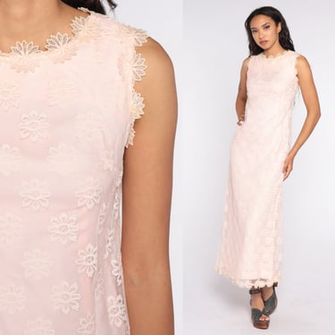 Lace Maxi Dress Cocktail Dress 60s Party Baby Pink Prom Dress Sleeveless Shift 1960s Mod Sixties Vintage Formal Mad Men Extra Small xs 