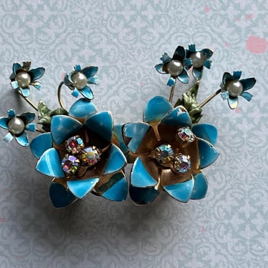 vintage jeweled flower earrings AB enamel floral clip-ons 