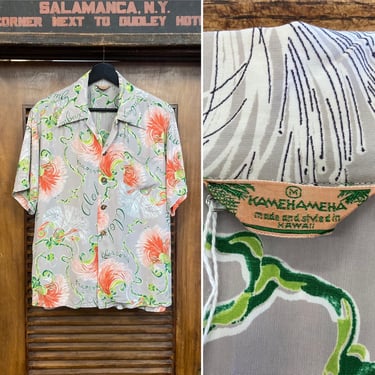 Vintage 1940’s “Kamehameha” Bombax Tree Rayon Hawaiian Shirt, 40’s Loop Collar, Vintage Clothing 
