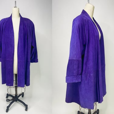 1980s Purple Genuine Leather Open Swing Coat by SPRINGWEST Oversized Medium | Vintage, Western, Suede, Fashion 