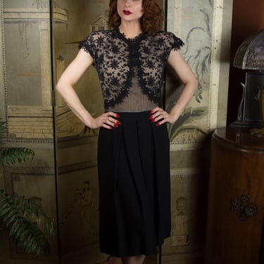 1940s Dress - Saucy Vintage 40s Rayon and Mesh Cocktail Dress with Tambour Embroidery and Nude Illusion Midriff Bodice 