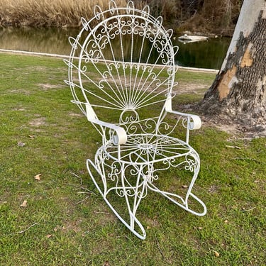 Vintage Wrought Iron Peacock Rocking Chair Attributed to John Salterini 