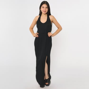 Vintage Black Party Dress Racerback 90s Party Dress Jessica McClintock Embroidered Maxi Backless Sexy Side Slit Cocktail Formal Small S 