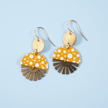 Radial Baby Burst Earrings in Mustard w/ White Polka Dots - Reclaimed Leather Statement Art Deco Earrings 