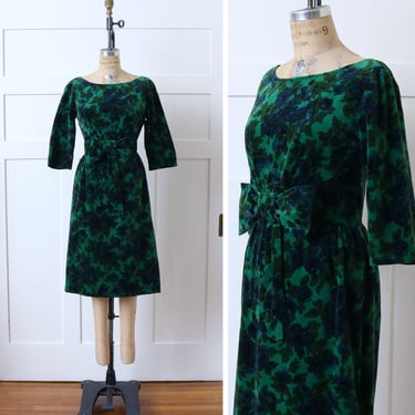 vintage early 1960s green floral dress • cotton velveteen bow waist dress 
