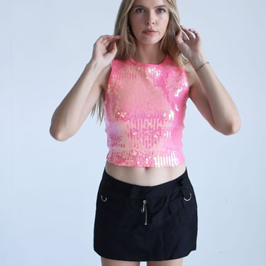 Vintage PLEIN SUD Sun Hot Pink Irridescent Sequin Crop Muscle Tee sz XS S Galliano Y2K 2000s Sparkle 