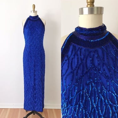 SIZE S Lawrence Kazar Vintage Sequin Blue Maxi Dress Silk 