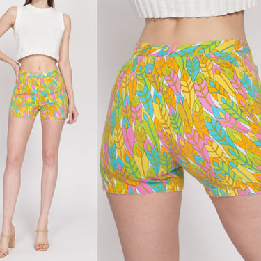 XS 70s Boho Psychedelic Leaf Print Shorts | Vintage Colorful Mid Rise Fitted Booty Shorts 
