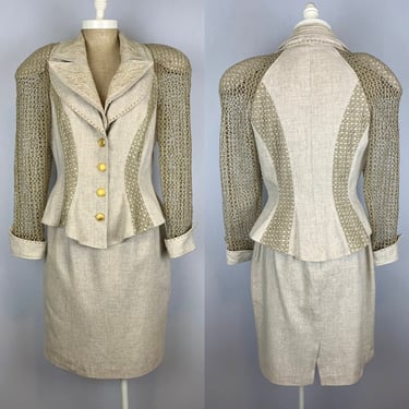 Vintage 90s Skirt Suit | Fit and Flared Gold Mesh Blazer | Size Small 