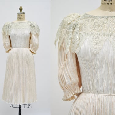 Vintage 1970s Cream Off white Metallic Lace Pleated Dress by Mary McFadden For Marthas Small Medium// 70s Vintage Cream Wedding Party Dress 