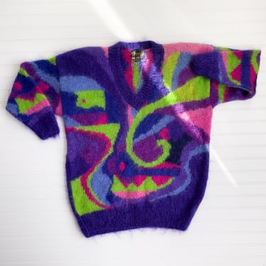 mohair sweater 80s 90s vintage purple lime green pink neon abstract fuzzy sweater 