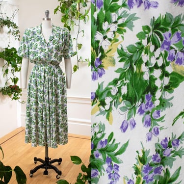 Vintage 1990s Shirt Dress | 90s CAROL ANDERSON Lily of the Valley Floral Print Rayon Button Down Shirtwaist Day Dress | small/medium/large 