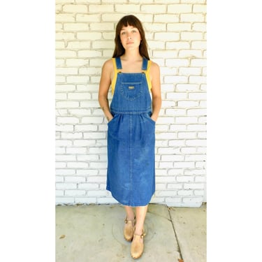 OshKosh B'Gosh Overall Dress // vintage sun overalls denim 70s boho hippie cotton hippy midi Osh Kosh B Gosh // S/M 