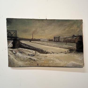 Early 1900s Industrial Painting of Landscape with Factories - Joy Division Vibe - Antique Artwork - Reverse Stamp - Mystery Artist - AS IS 