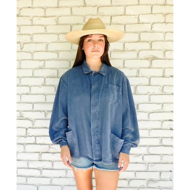 French Chore Coat // vintage 70s faded hippy jean jacket boho hippie blouse shirt dress 1970s distressed denim work painters // O/S 