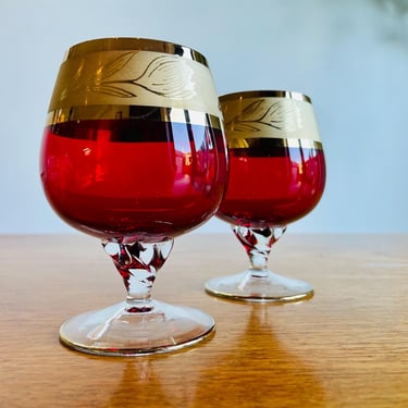 Set of Two Bohemia Crystal Cranberry Brandy Glasses, Large Ruby Red Vintage Barware, 1970s Glassware 