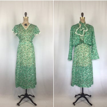 Vintage 30s dress | Vintage green floral voile dress suit | 1930s floral print jacket and dress 