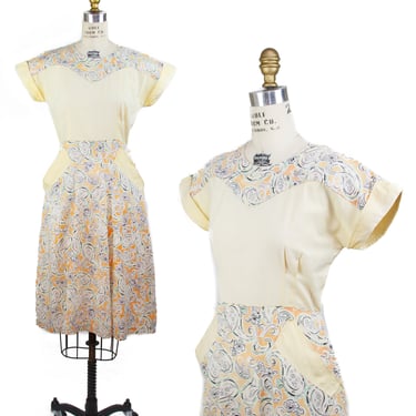 Vintage 1940s Dress ~ Paisley Cotton Accented Yellow Cotton Day Dress 