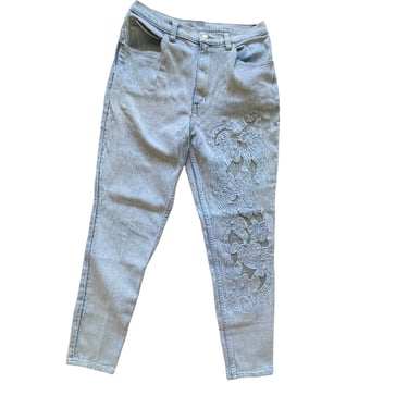 Vintage 80's Daily Jeans, Light Acid Wash Lace Jeans, Applique Cutout Jeans, Size 15 