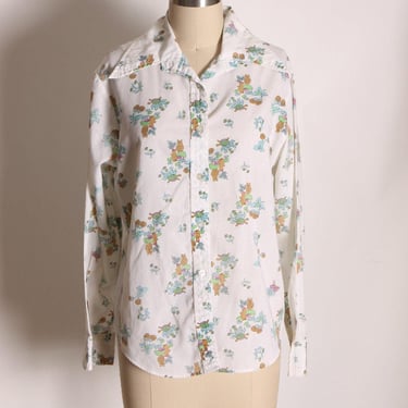 1970s White, Brown and Green Long Sleeved Novelty Boho Owl and Turtle Button Up Shirt Blouse -L 