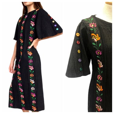 Vintage VTG 1970s 70s Pintucked Embroidered Boho Bohemian Black Handmade Maxi Dress with Button Detailing 