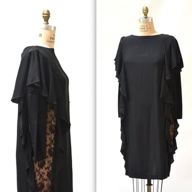 Vintage Black Silk Ruffle Dress Size Medium Large with Long Sleeves and Lace// 80s Black Silk Dress Size Medium Large with Lace and Ruffles 