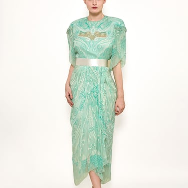 Zandra Rhodes S/S 1989 Mint Green Pearl Trimmed Satin Belt Dress 
