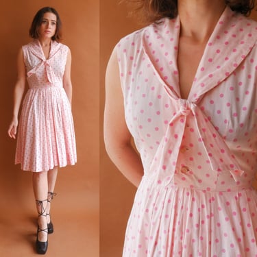 Vintage 50s Pink Polka Dot Dress/ 1950s Shirtwaist Sleeveless Cotton Day Dress/ Size XS 25 