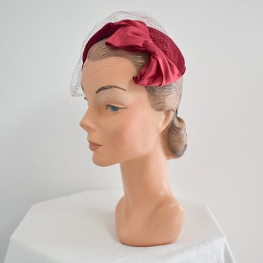 1950s Claret Red Velvet Hat with Satin Bows and Netting 