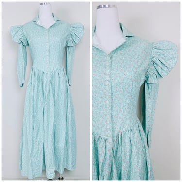 1980s Mint Green Mutton Sleeve Floral Maxi Dress / 80s / Eighties Pioneer Cotton Prairie Dress / Size Medium 