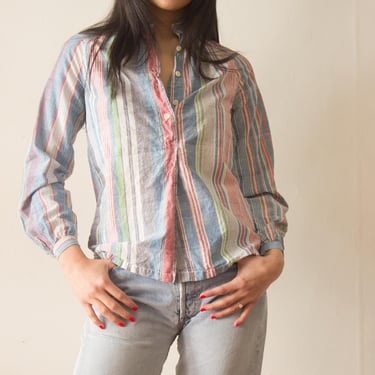 1970s India Cotton Striped Band Collar Shirt 