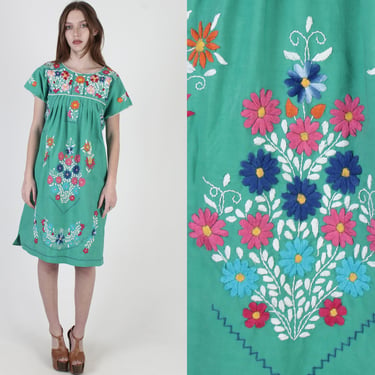 Green Mexican Puebla Dress / Colorful Floral Embroidered Shift Dress / Summer Fiesta Authentic Mexican Coverup Mini Dress 