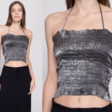 S-M| 90s Silver Shirred Halter Top - Small to Medium | Boho Vintage Shiny Stretchy Crop Top 