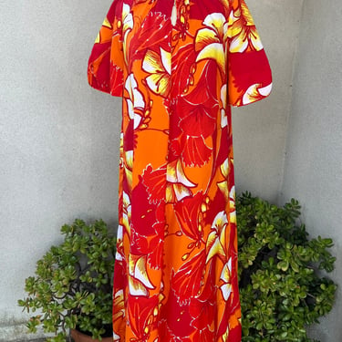 Vintage Hawaiian neon orange yellow floral MuuMuu maxi dress Sz Large by Reef 