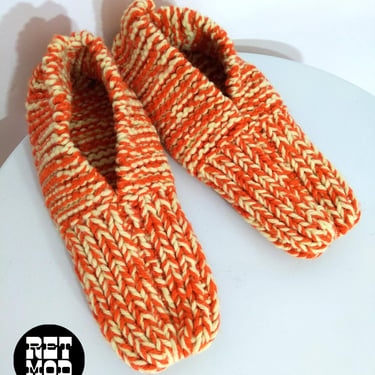 So Cute Vintage 60s 70s Orange Cream Crochet Booties Slippers 