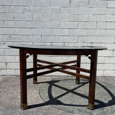 Mid Century Ming Style Mahogany Wood and Glass Top Dining Table by Henredon Brass Accents Chinoiserie Asian Style Kitchen Hollywood Regency 