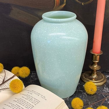 Vintage Vase Retro 1980s Contemporary + Studio Nova + Glass + Mint Green + White Speckled Design + Flower + Plant Display + Bookshelf Decor 