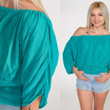 Teal Off Shoulder Top Smocked Peasant Shirt Hippie Boho Blouse 90s Ruched 1/2 Sleeve Green Summer Top Bohemian Blouse Vintage Small Medium 