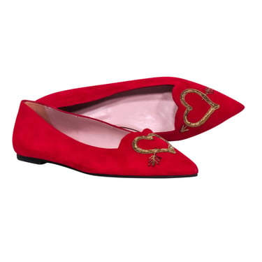 Pretty Loafers - Red Pointed Toe Heart Embroidered Flats Sz 12