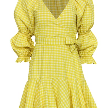 Paper London - Yellow Gingham Print Long Sleeve Wrap Dress w/ Flounce Hem Sz 6