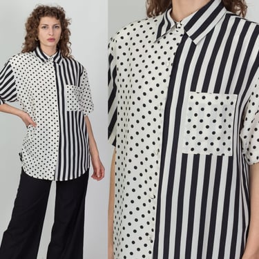 80s Black & White Striped Polka Dot Blouse - Extra Large | Vintage Oversize Two Tone Button Up Top 