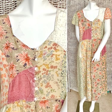 Vintage Patchwork Dress, Floral, Queen Anne Neckline, Cottage Core, Hippie Grunge, Pastel Goth, Granny Chic, 90s 00s 