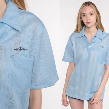 70s Sheer Shirt Blue CUTOUT Top Button Up Polo Boho Collared 1970s Retro Vintage Short Sleeve Bohemian Cut Out Medium Large 