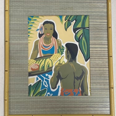 Frank McIntosh Man and Women Hawaiian Print in Bamboo Frame, 1940 
